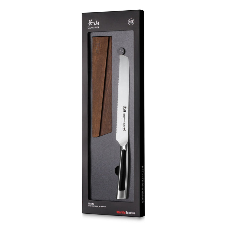 8-inch serrated bread knife with black and silver handle and ash wood sheath in black packaging.