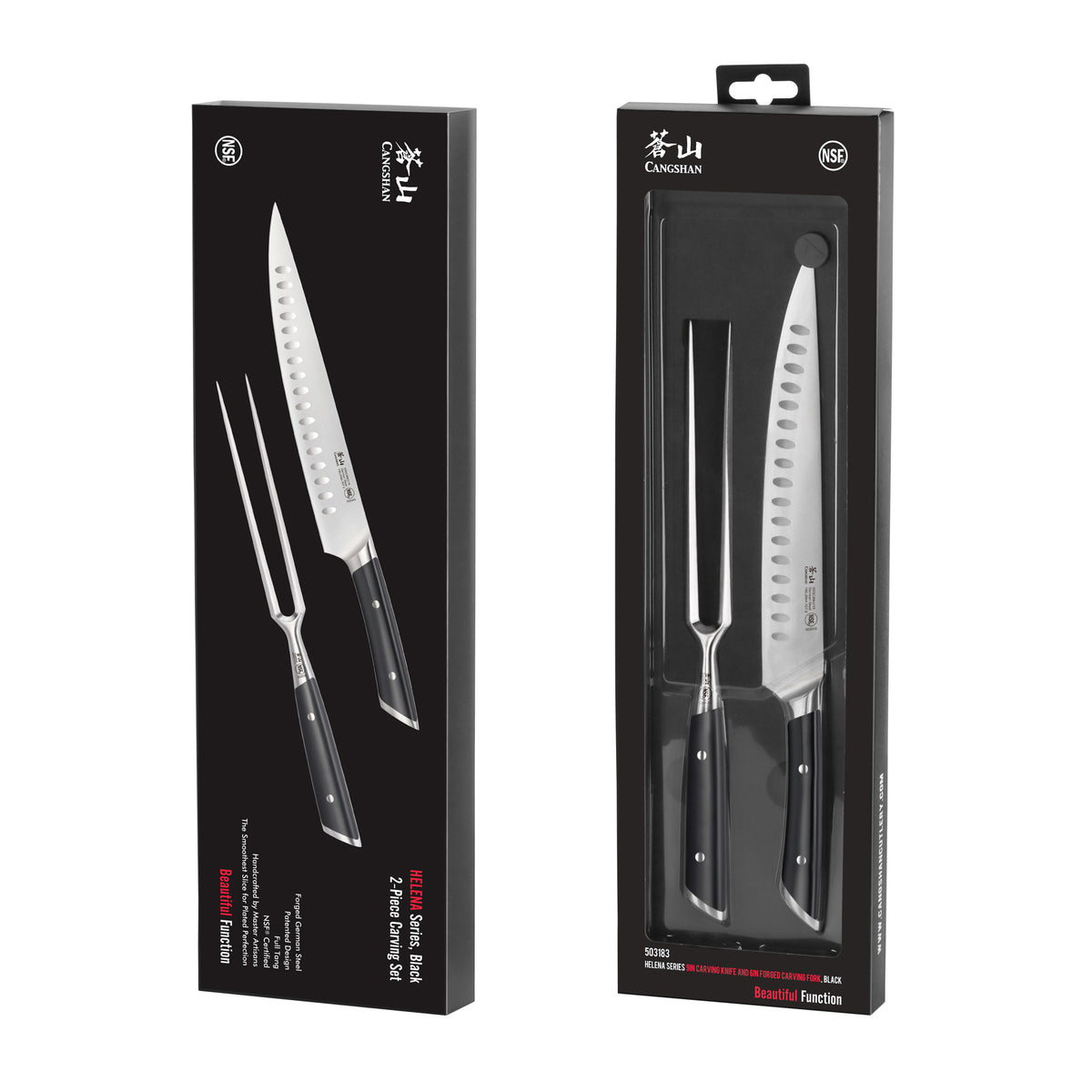 2-piece carving set with a carving knife and fork, black handles, displayed in black packaging.