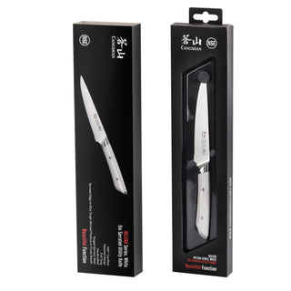 
                    
                      5-inch serrated utility knife with white handle in black retail packaging, labeled HELENA Series Forged German Steel.
                    
                  