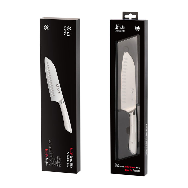 7-inch Santoku knife with white handle, displayed alongside its black retail packaging with product details.