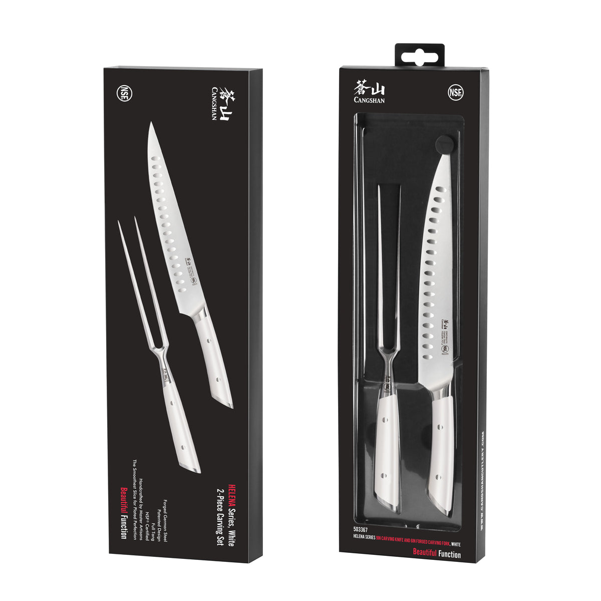 Two-piece carving set with a serrated knife and carving fork, both featuring white handles, displayed in black packaging.