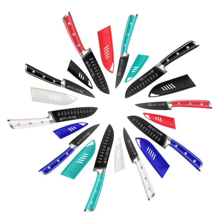 Set of colorful kitchen knives arranged in a circular pattern with matching blade covers on a white background.