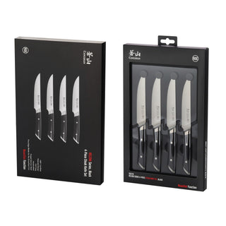 
                    
                      Four steak knives with black handles and stainless steel blades displayed in black packaging with clear front panel.
                    
                  