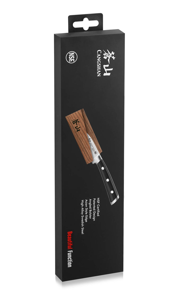 Peeling knife with black handle and ash wood sheath on black vertical packaging box.