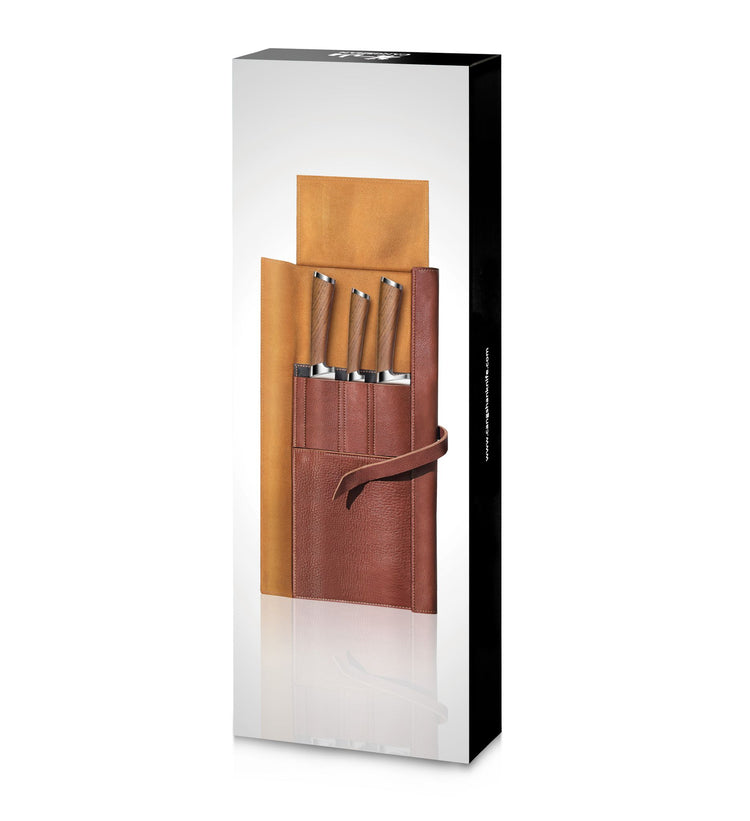 Four knives with wooden handles in a brown leather roll-up case with a strap, standing upright.