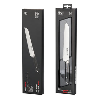 
                    
                      Black-handled serrated bread knife displayed inside and outside its black retail packaging.
                    
                  