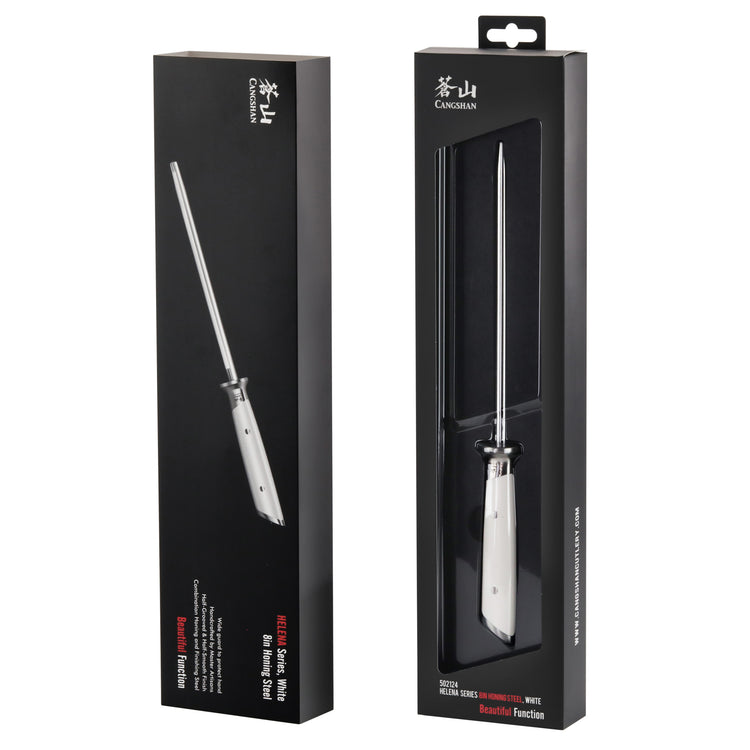Honing steel with white handle displayed outside and inside black retail packaging.