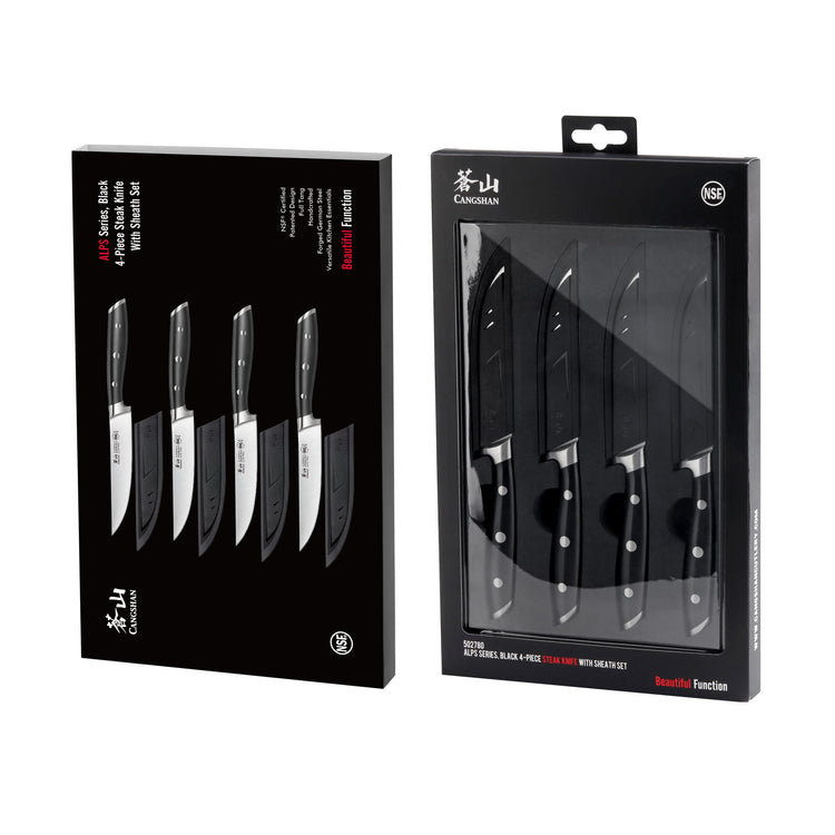 Four black-handled steak knives with sheaths displayed in black packaging, showing blade and handle design.