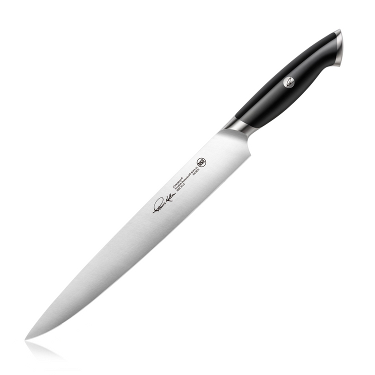Black-handled carving knife with a long, narrow stainless steel blade and signature engraving.