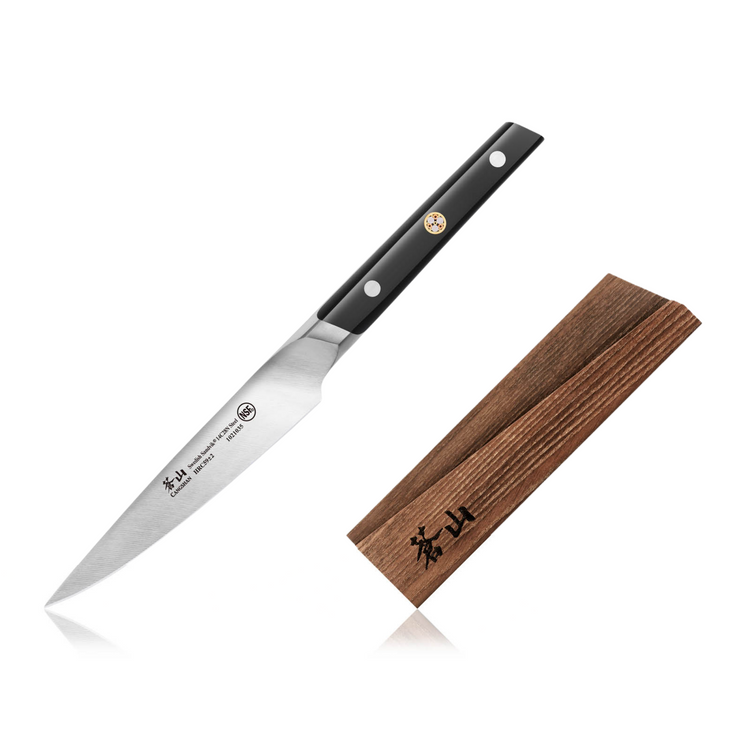 Japanese-style paring knife with black handle and wooden sheath featuring Japanese characters.