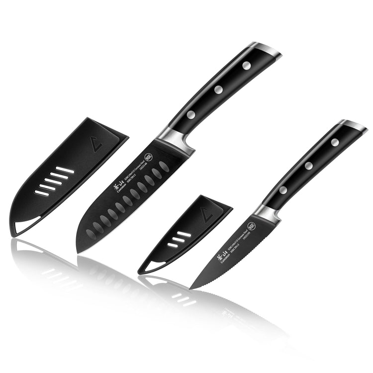 Two black kitchen knives with stainless steel riveted handles and black blade covers on a white background.