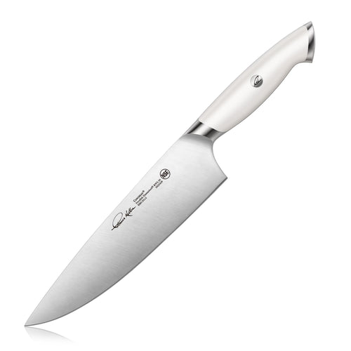 8-inch chef knife with white ergonomic handle and stainless steel blade from Thomas Keller Signature Collection.