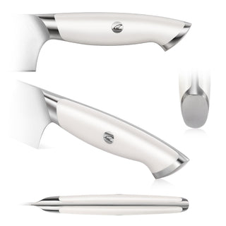 
                    
                      Close-up views of a white-handled kitchen knife with stainless steel accents and a logo on the handle.
                    
                  