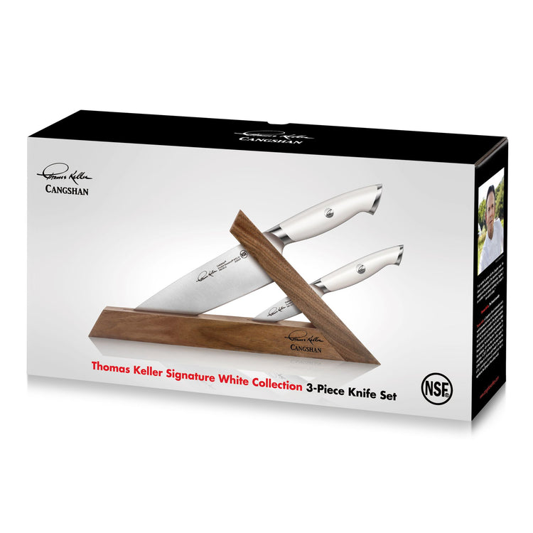 TKSC 3-piece knife block set with two white-handled knives in a walnut triangular block, Thomas Keller Signature Collection.