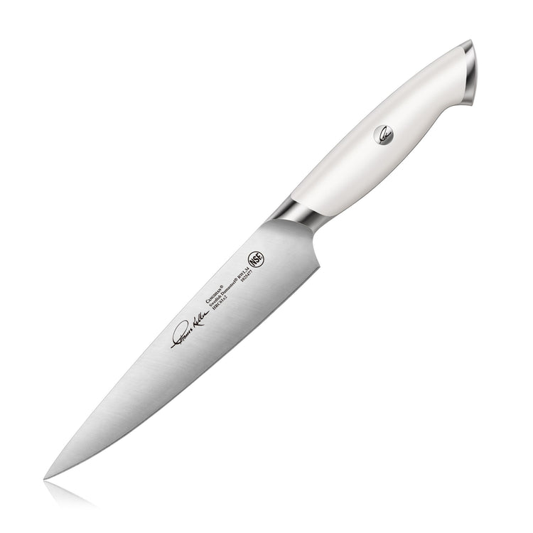 7-inch utility knife with white ergonomic handle and stainless steel blade, Thomas Keller signature on blade.