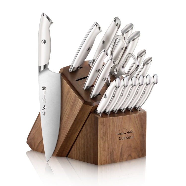 TKSC 17-piece knife block set with white-handled forged steel knives, kitchen shears, and a dark wooden block.