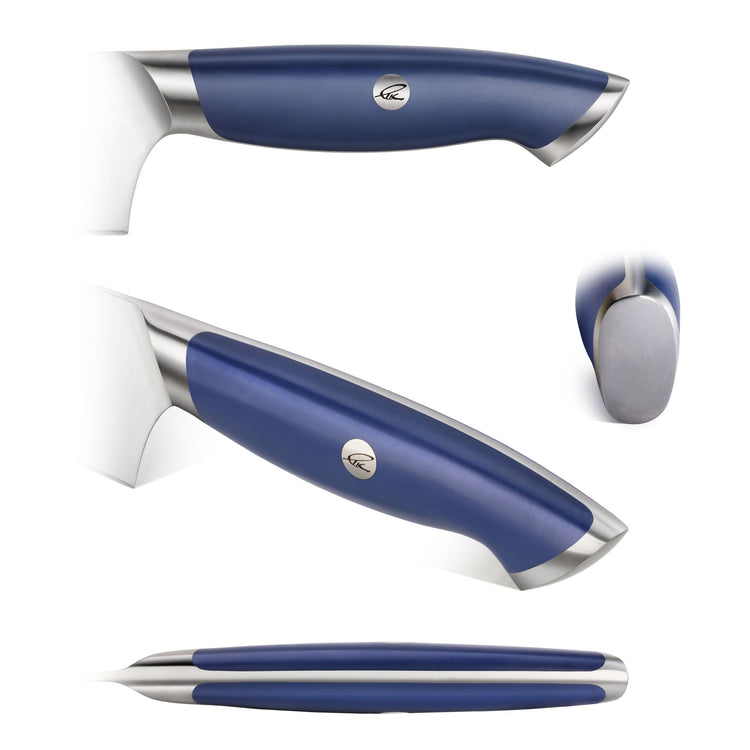 Blue knife handle with stainless steel accents and a logo emblem, shown from multiple angles including side, top, and end vie