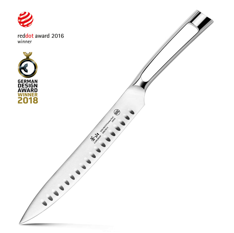 9-inch stainless steel carving knife with hollow edge and polished handle, awarded Red Dot 2016 and German Design 2018.